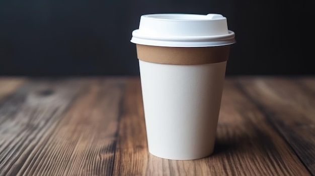 Una taza de café con tapa sobre una mesa de madera.