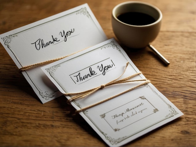 una taza de café y una tarjeta de agradecimiento en una mesa con una nota