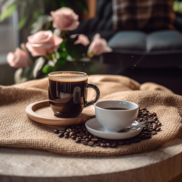 Una taza de café y una taza de café están sobre una mesa con una manta y una manta.