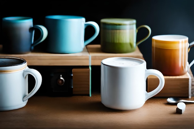 una taza de café y tazas en una mesa con otras tazas.