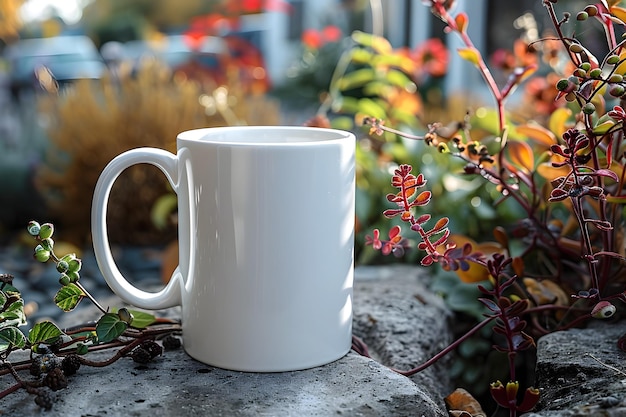 Foto una taza de café sin terminar en un arbusto en flor