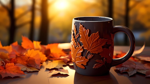 Taza de café en terraza de otoño