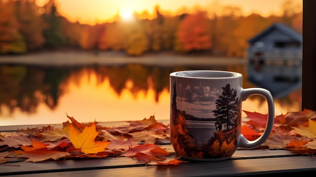 Taza de café en terraza de otoño