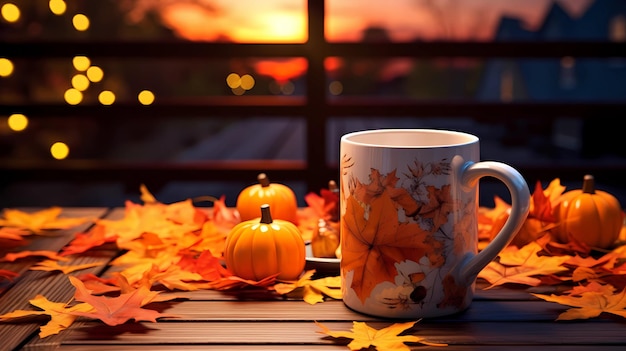 Taza de café en terraza de otoño