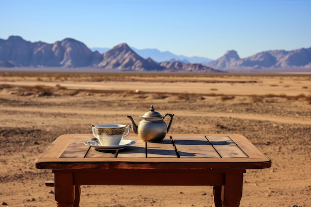 Una taza de café y una tetera en una mesa en el desierto