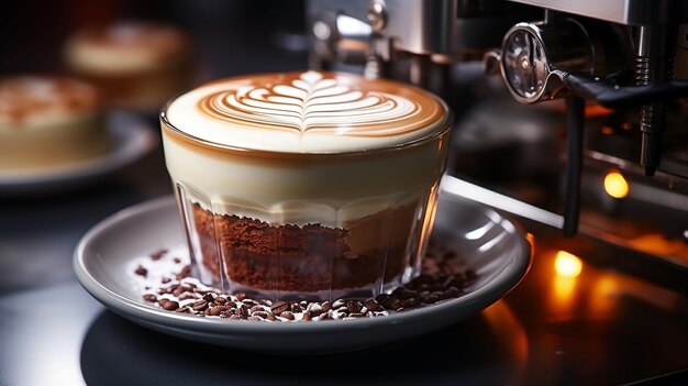 Foto una taza de café con un trozo de tarta en el plato