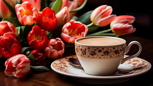 taza de café y tulipanes