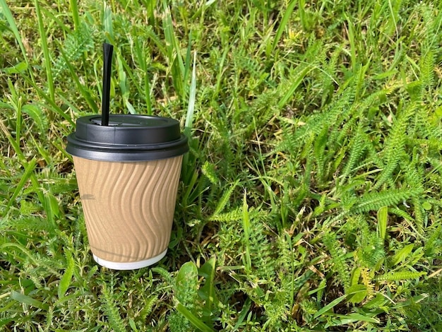 taza de café usada con paja de plástico sobre hierba verde en el césped, residuos y contaminación