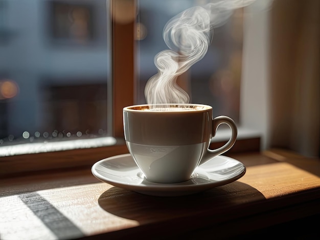 Taza de café con vapor en el alféizar de la ventana por la mañana