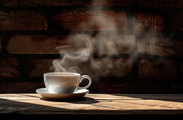 taza de café con vapor que viene de ella en una mesa de madera