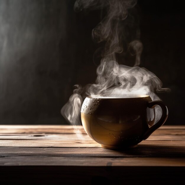 Una taza de café con vapor saliendo de ella.