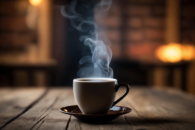 Taza de café con vapor sobre la mesa de madera Generada por Ai