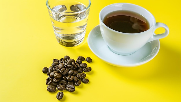 Una taza de café y un vaso de agua y granos de café