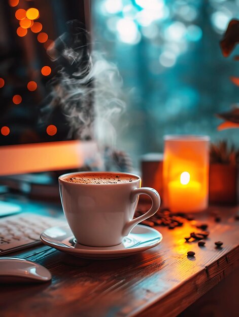 una taza de café con una vela en el fondo