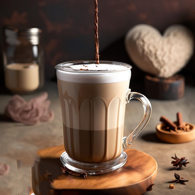 Una taza de café con una vela en forma de corazón en el fondo.