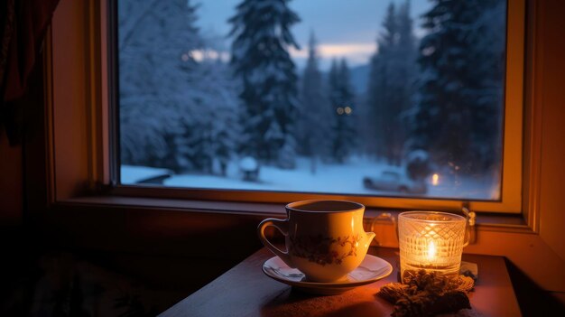 Taza de café y vela en la mesa frente a la ventana