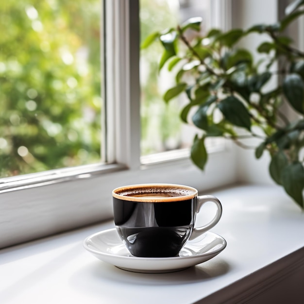 taza de café en la ventana de la cocina