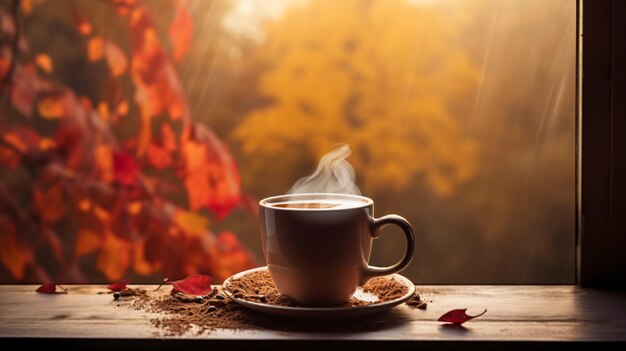 Taza de café de ventana de otoño