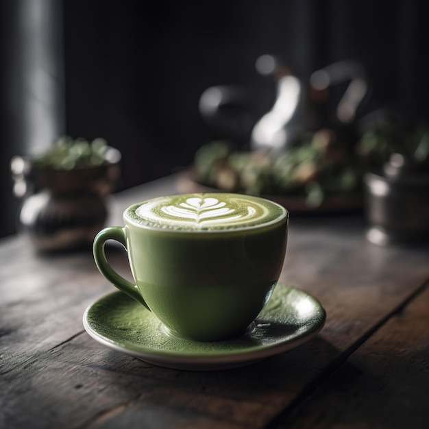 Una taza de café verde con un diseño de hojas en el borde.