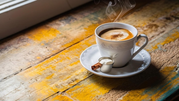 Taza de café en una vieja mesa de madera con crema