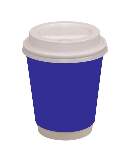 Taza de café violeta sobre un fondo blanco.
