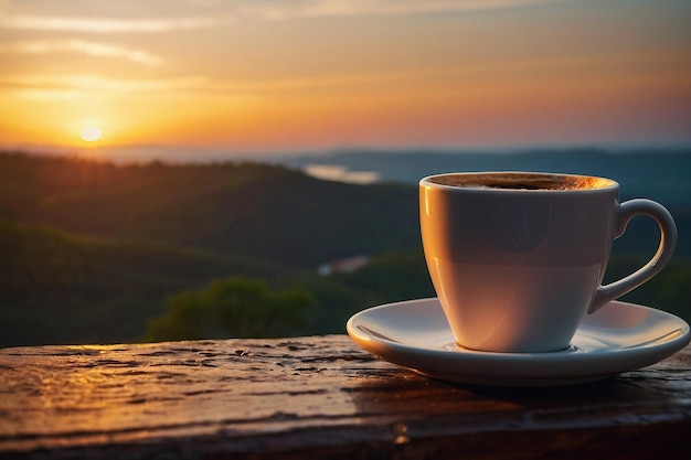 Foto una taza de café y la vista del atardecer