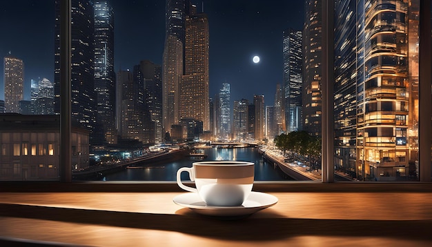 una taza de café y una vista de la ciudad desde una ventana con vistas a una ciudad