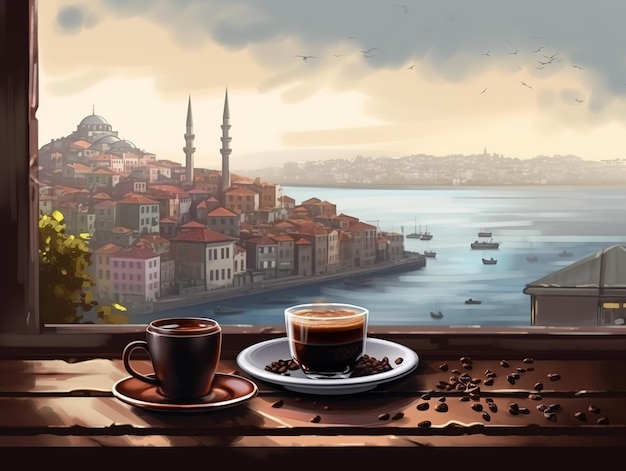 Una taza de café y una vista de estambul desde una ventana.