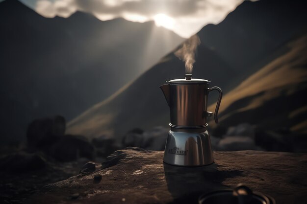 Una taza de café con una vista increíble de la naturaleza.