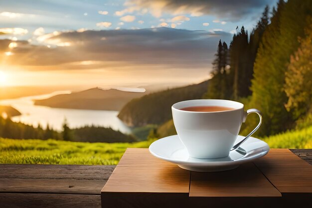 una taza de café con una vista del lago