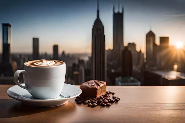 Una taza de café con vistas al horizonte de la ciudad de fondo