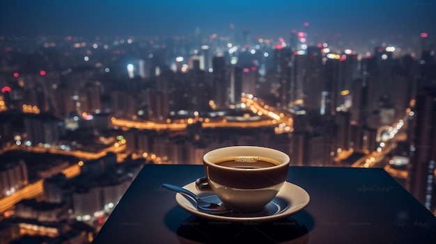 Una taza de café con vistas a la ciudad de fondo