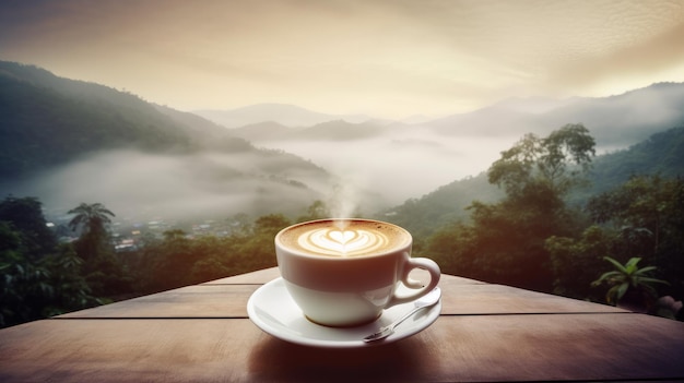 Una taza de café con vistas a las montañas de fondo.