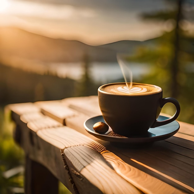 Una taza de café con vistas a las montañas de fondo.