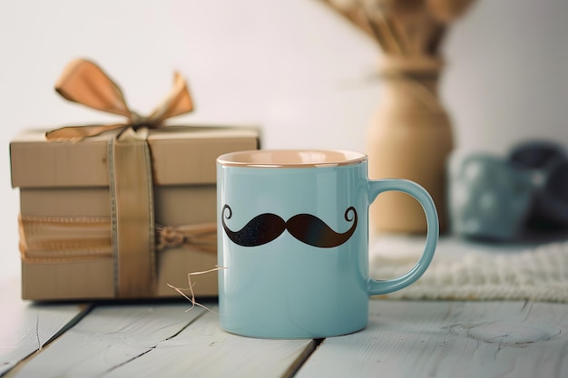 Una taza y caja de regalos con el tema del bigote de la mañana