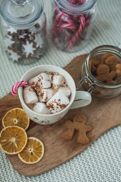 Taza caliente de cacao con malvaviscos y galletas de jengibre Decoraciones ecológicas navideñas Regalos de vacaciones de invierno de Año Nuevo