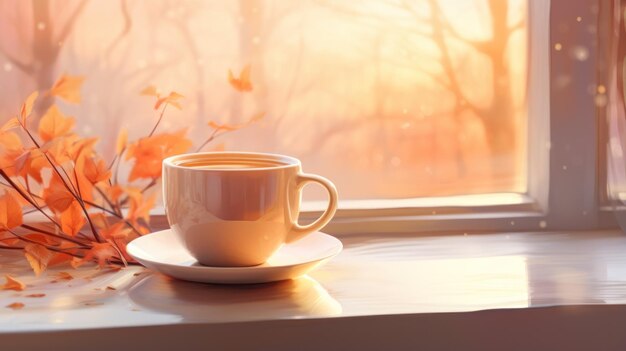 Una taza caliente de café está sentada en el alféizar de la ventana en el estilo de la paleta de colores cálidos