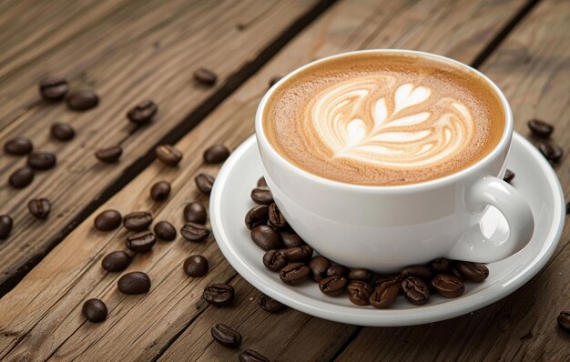 Una taza caliente de café latte art en una superficie de madera rodeada de granos de café esparcidos que evocan una acogedora atmósfera aromática