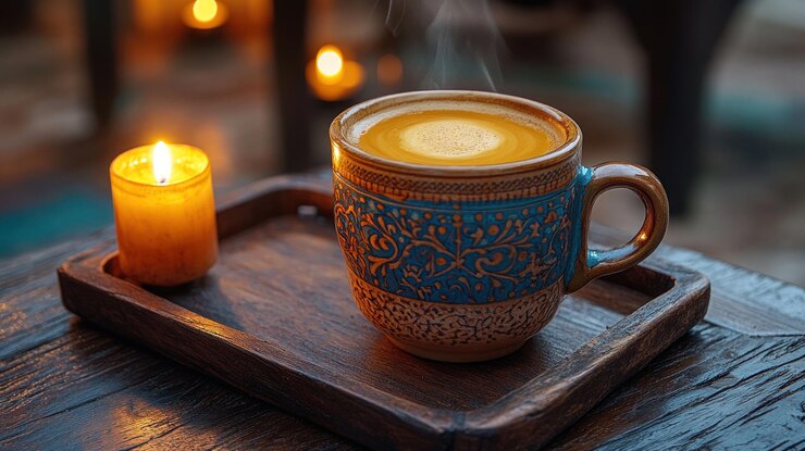 Una taza caliente de té al vapor en una bandeja de madera con velas en una atmósfera acogedora