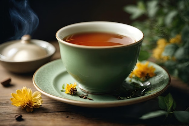 Una taza caliente de té o café de hierbas simboliza el cuidado personal y la relajación.