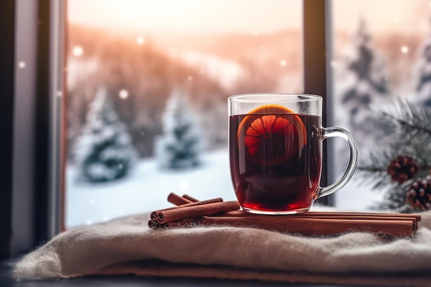 Taza caliente de vino caliente con palitos de canela contra una ventana nevada borrosa