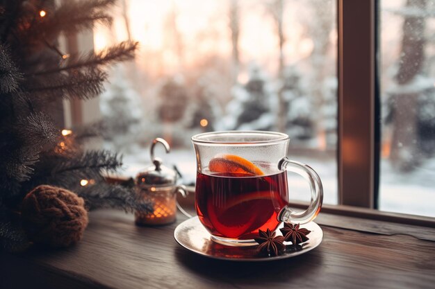 Taza caliente de vino caliente con palitos de canela contra una ventana nevada borrosa