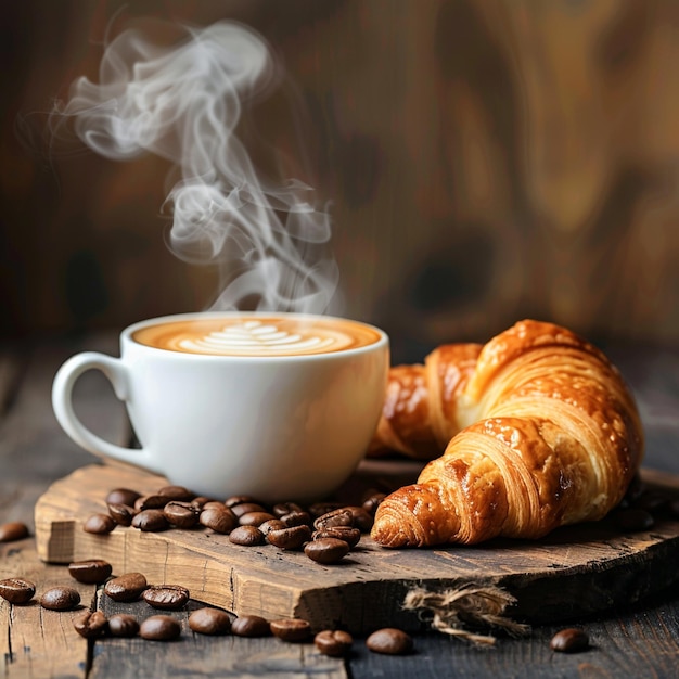 Una taza de capuchino al vapor y un croissant en la mesa.