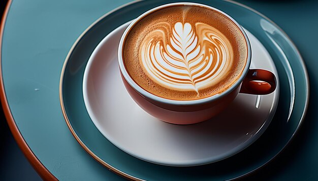 Taza de capuchino con arte latte en fondo azul