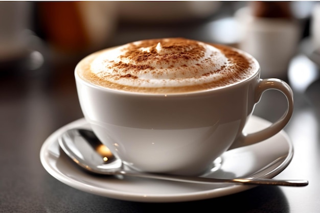 Taza de capuchino con arte latte en una mesa de madera