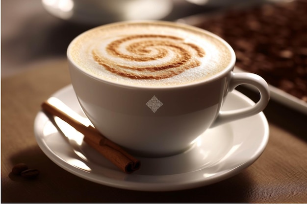 Una taza de capuchino con canela en una mesa de madera.