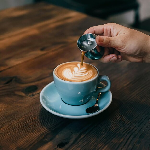 una taza de capuchino se está vertiendo en una tazón de café