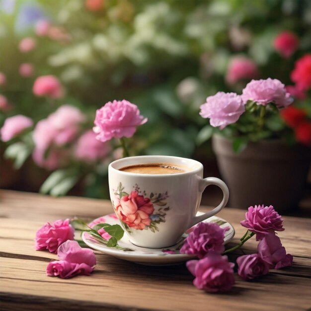 una taza de capuchino con una flor en el fondo