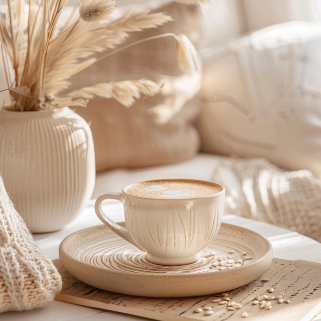 Una taza de capuchino con una foto de stock de decoración boho