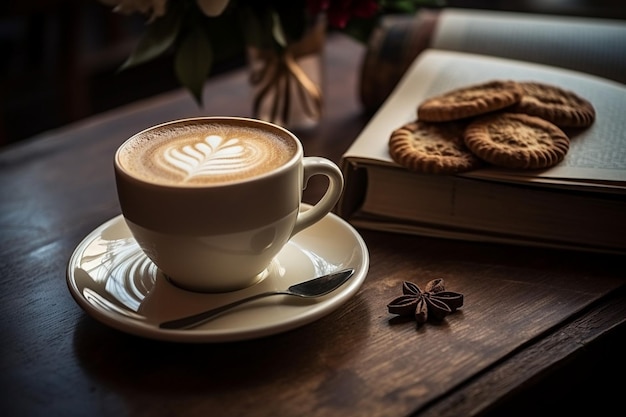 taza de capuchino con galletas y un libro en la mesa